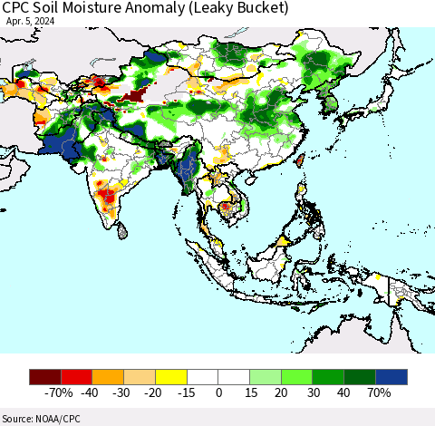 Asia CPC Soil Moisture Anomaly (Leaky Bucket) Thematic Map For 4/1/2024 - 4/5/2024