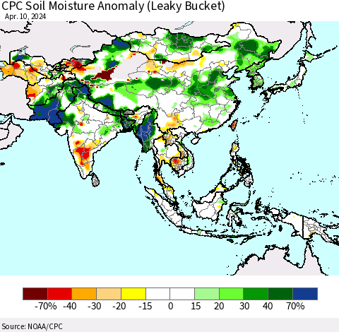 Asia CPC Soil Moisture Anomaly (Leaky Bucket) Thematic Map For 4/6/2024 - 4/10/2024
