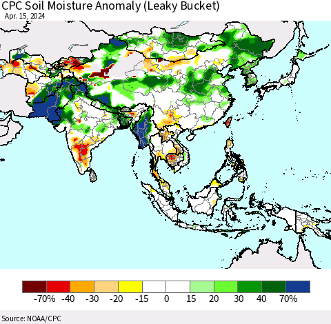 Asia CPC Soil Moisture Anomaly (Leaky Bucket) Thematic Map For 4/11/2024 - 4/15/2024