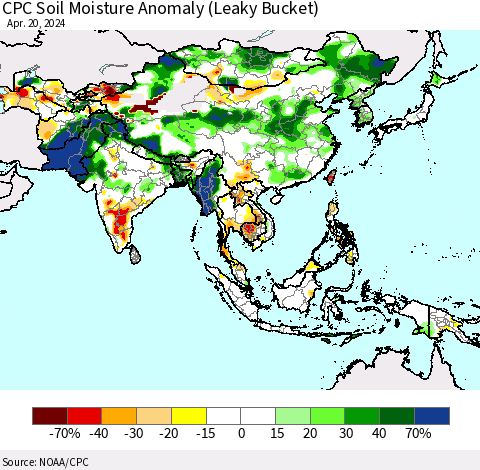 Asia CPC Soil Moisture Anomaly (Leaky Bucket) Thematic Map For 4/16/2024 - 4/20/2024