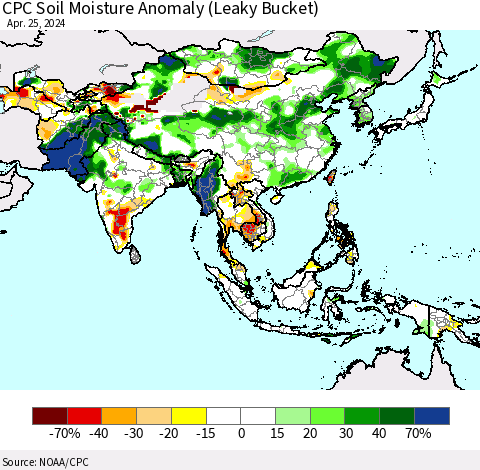 Asia CPC Soil Moisture Anomaly (Leaky Bucket) Thematic Map For 4/21/2024 - 4/25/2024