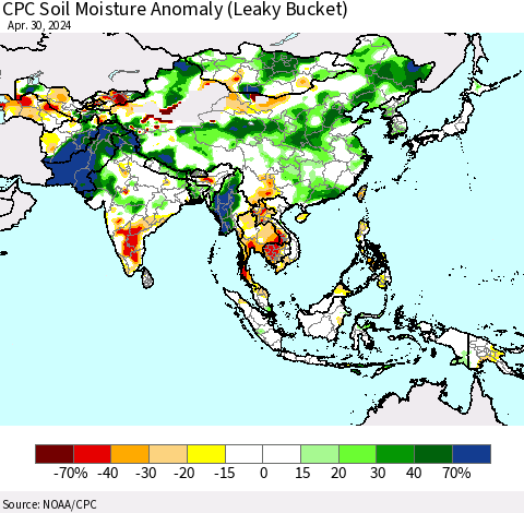 Asia CPC Soil Moisture Anomaly (Leaky Bucket) Thematic Map For 4/26/2024 - 4/30/2024