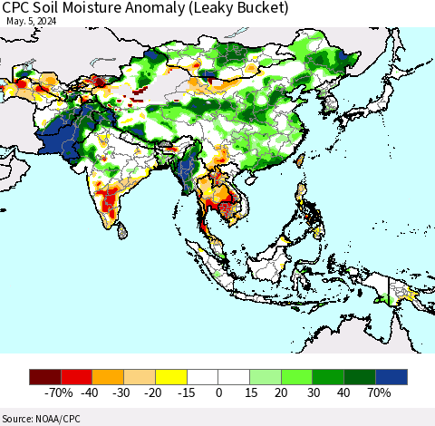 Asia CPC Soil Moisture Anomaly (Leaky Bucket) Thematic Map For 5/1/2024 - 5/5/2024