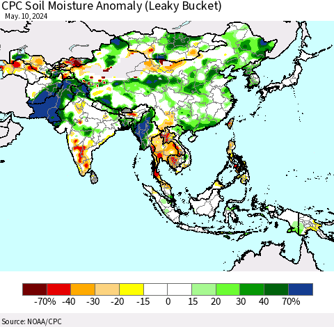 Asia CPC Soil Moisture Anomaly (Leaky Bucket) Thematic Map For 5/6/2024 - 5/10/2024