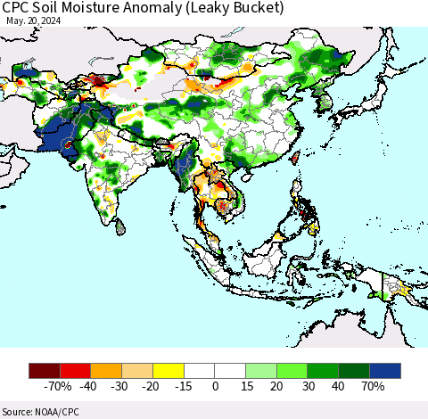 Asia CPC Soil Moisture Anomaly (Leaky Bucket) Thematic Map For 5/16/2024 - 5/20/2024