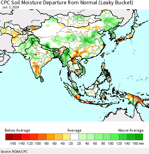 Asia CPC Soil Moisture Departure from Normal (Leaky Bucket) Thematic Map For 1/1/2024 - 1/5/2024
