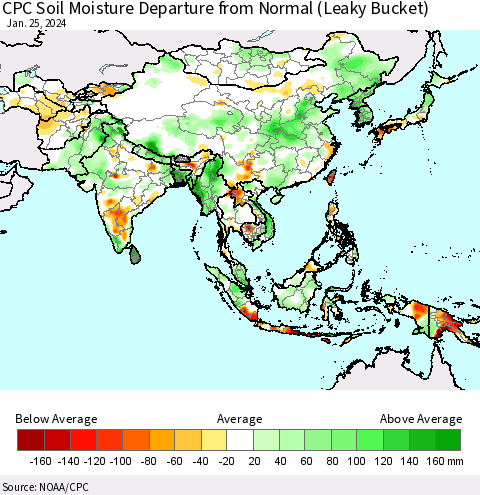Asia CPC Soil Moisture Departure from Normal (Leaky Bucket) Thematic Map For 1/21/2024 - 1/25/2024