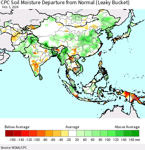 Asia CPC Soil Moisture Departure from Normal (Leaky Bucket) Thematic Map For 2/1/2024 - 2/5/2024