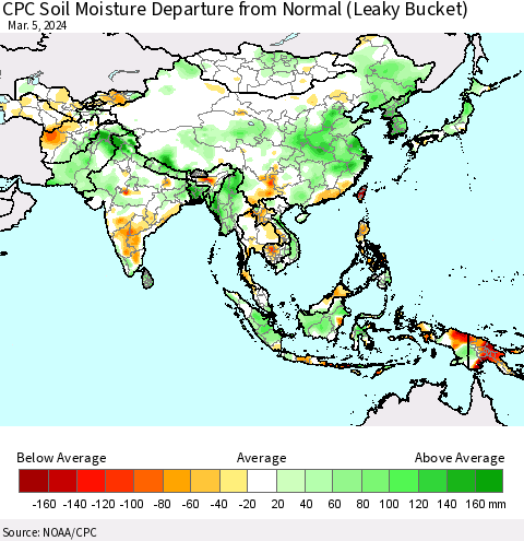 Asia CPC Soil Moisture Departure from Normal (Leaky Bucket) Thematic Map For 3/1/2024 - 3/5/2024