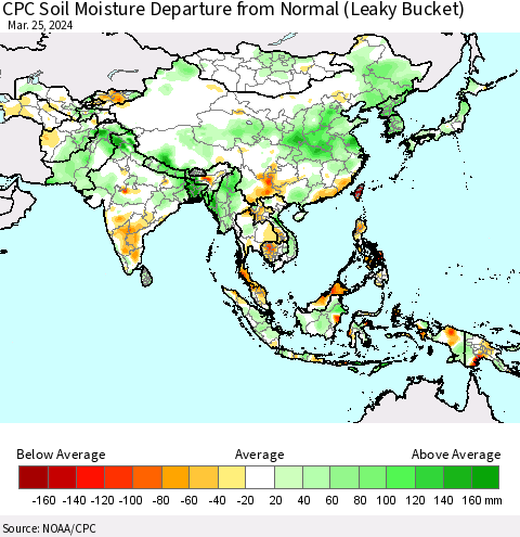 Asia CPC Soil Moisture Departure from Normal (Leaky Bucket) Thematic Map For 3/21/2024 - 3/25/2024