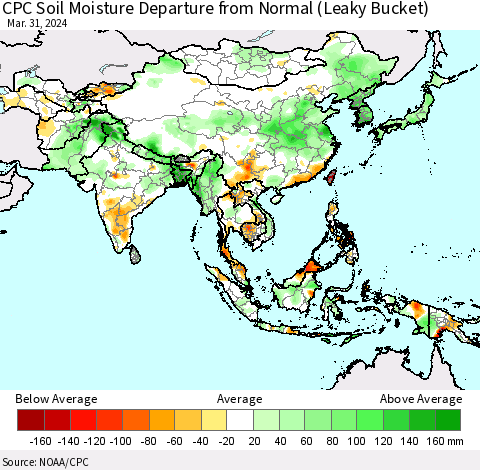 Asia CPC Soil Moisture Departure from Normal (Leaky Bucket) Thematic Map For 3/26/2024 - 3/31/2024