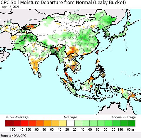 Asia CPC Soil Moisture Departure from Normal (Leaky Bucket) Thematic Map For 4/11/2024 - 4/15/2024