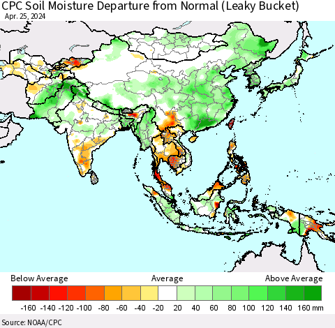 Asia CPC Soil Moisture Departure from Normal (Leaky Bucket) Thematic Map For 4/21/2024 - 4/25/2024