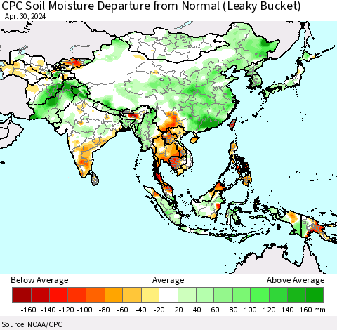 Asia CPC Soil Moisture Departure from Normal (Leaky Bucket) Thematic Map For 4/26/2024 - 4/30/2024