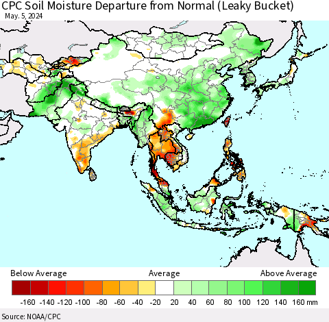 Asia CPC Soil Moisture Departure from Normal (Leaky Bucket) Thematic Map For 5/1/2024 - 5/5/2024