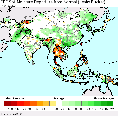 Asia CPC Soil Moisture Departure from Normal (Leaky Bucket) Thematic Map For 5/16/2024 - 5/20/2024
