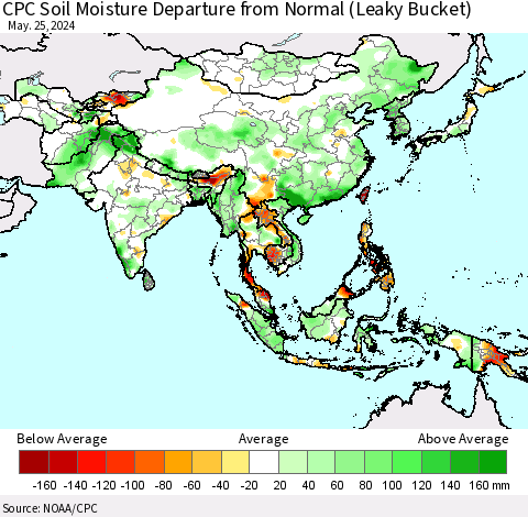 Asia CPC Soil Moisture Departure from Normal (Leaky Bucket) Thematic Map For 5/21/2024 - 5/25/2024