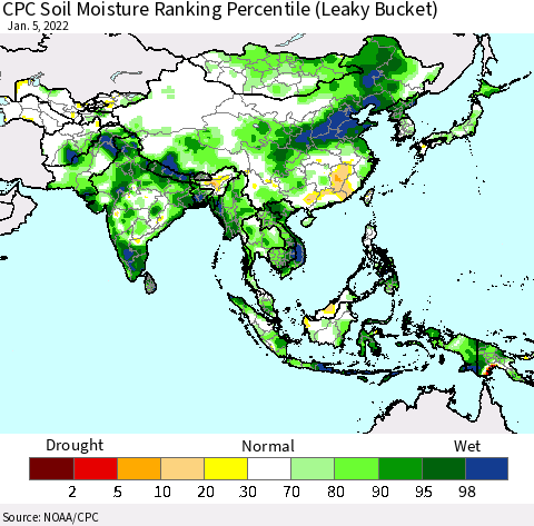 Asia CPC Soil Moisture Ranking Percentile (Leaky Bucket) Thematic Map For 1/1/2022 - 1/5/2022