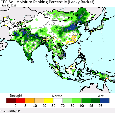 Asia CPC Soil Moisture Ranking Percentile (Leaky Bucket) Thematic Map For 1/6/2022 - 1/10/2022