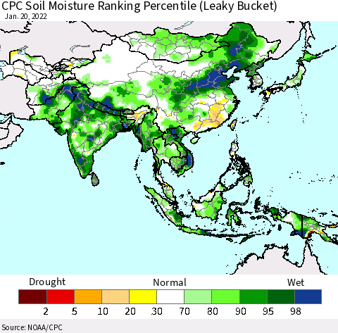 Asia CPC Soil Moisture Ranking Percentile (Leaky Bucket) Thematic Map For 1/16/2022 - 1/20/2022