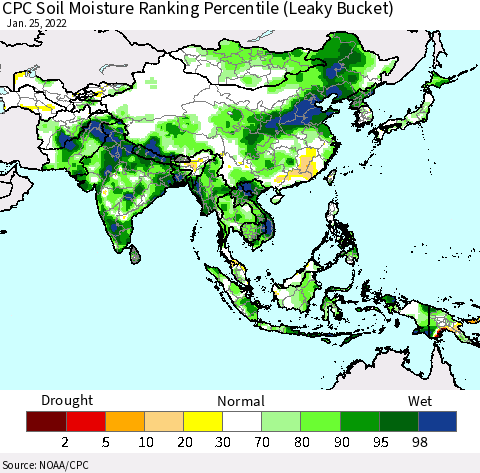 Asia CPC Soil Moisture Ranking Percentile (Leaky Bucket) Thematic Map For 1/21/2022 - 1/25/2022