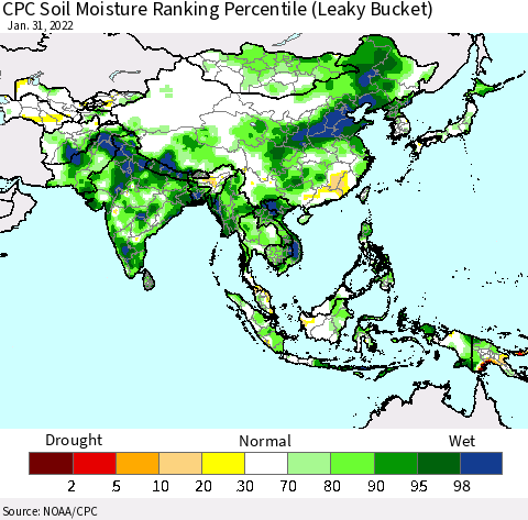 Asia CPC Soil Moisture Ranking Percentile (Leaky Bucket) Thematic Map For 1/26/2022 - 1/31/2022