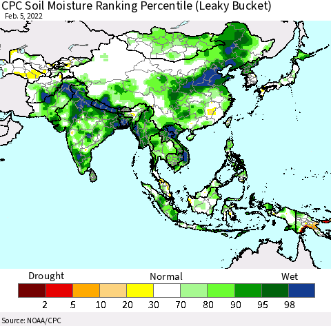 Asia CPC Soil Moisture Ranking Percentile (Leaky Bucket) Thematic Map For 2/1/2022 - 2/5/2022