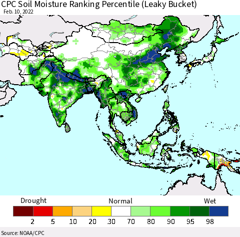 Asia CPC Soil Moisture Ranking Percentile (Leaky Bucket) Thematic Map For 2/6/2022 - 2/10/2022