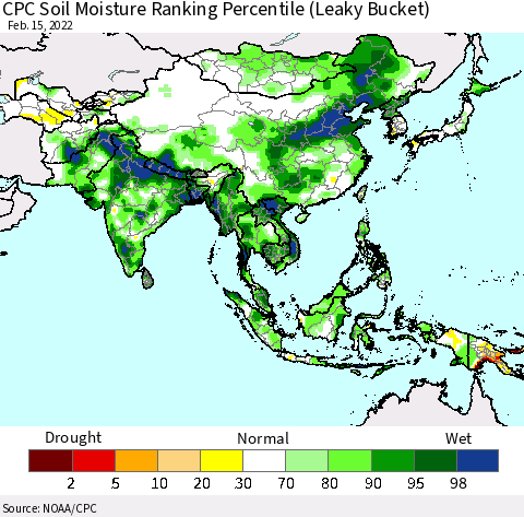 Asia CPC Soil Moisture Ranking Percentile (Leaky Bucket) Thematic Map For 2/11/2022 - 2/15/2022