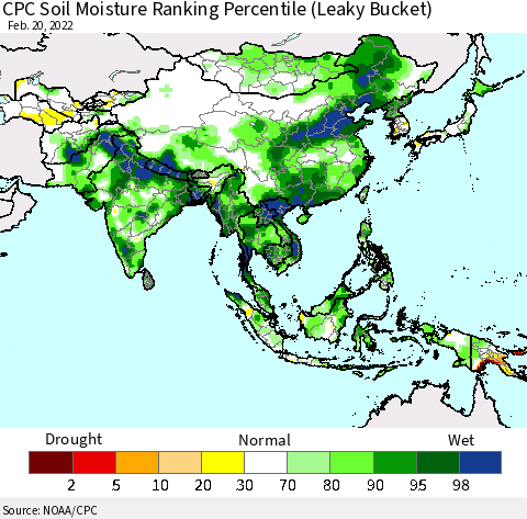 Asia CPC Soil Moisture Ranking Percentile (Leaky Bucket) Thematic Map For 2/16/2022 - 2/20/2022