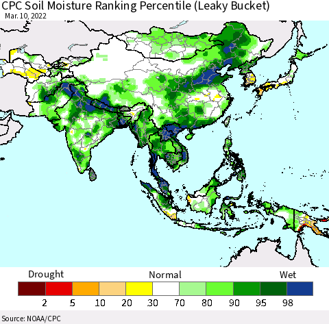Asia CPC Soil Moisture Ranking Percentile (Leaky Bucket) Thematic Map For 3/6/2022 - 3/10/2022