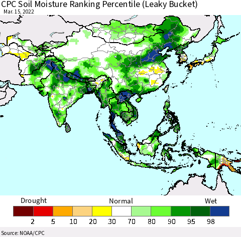 Asia CPC Soil Moisture Ranking Percentile (Leaky Bucket) Thematic Map For 3/11/2022 - 3/15/2022