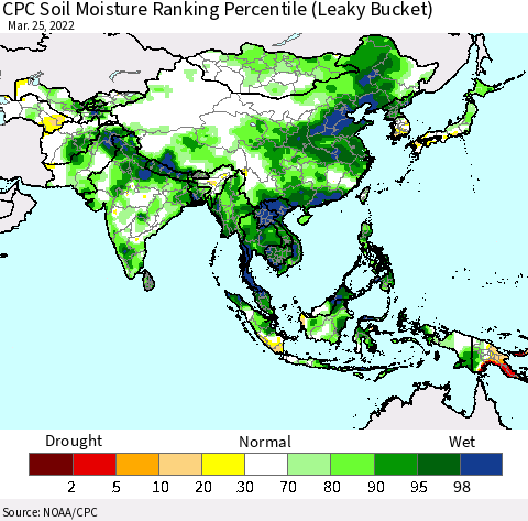 Asia CPC Soil Moisture Ranking Percentile (Leaky Bucket) Thematic Map For 3/21/2022 - 3/25/2022