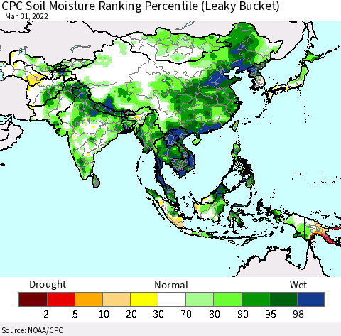 Asia CPC Soil Moisture Ranking Percentile (Leaky Bucket) Thematic Map For 3/26/2022 - 3/31/2022