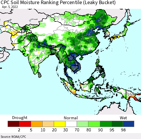 Asia CPC Soil Moisture Ranking Percentile (Leaky Bucket) Thematic Map For 4/1/2022 - 4/5/2022