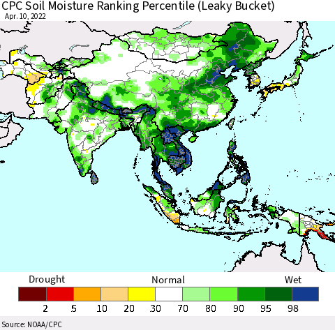 Asia CPC Soil Moisture Ranking Percentile (Leaky Bucket) Thematic Map For 4/6/2022 - 4/10/2022