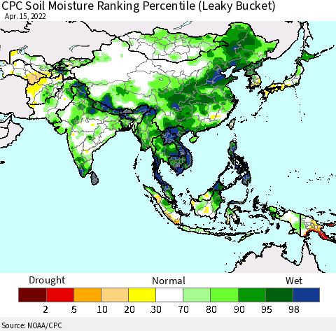 Asia CPC Soil Moisture Ranking Percentile (Leaky Bucket) Thematic Map For 4/11/2022 - 4/15/2022