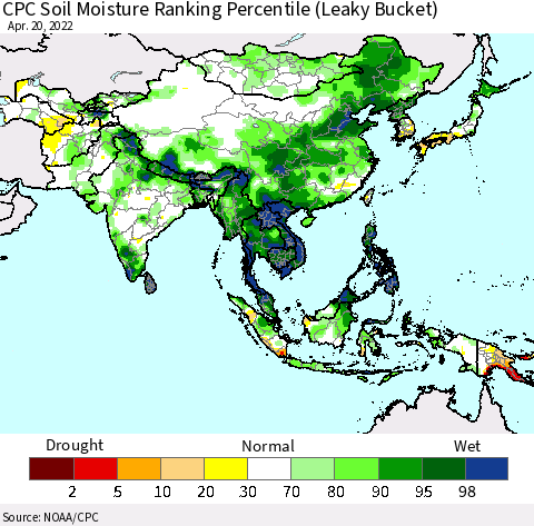 Asia CPC Soil Moisture Ranking Percentile (Leaky Bucket) Thematic Map For 4/16/2022 - 4/20/2022