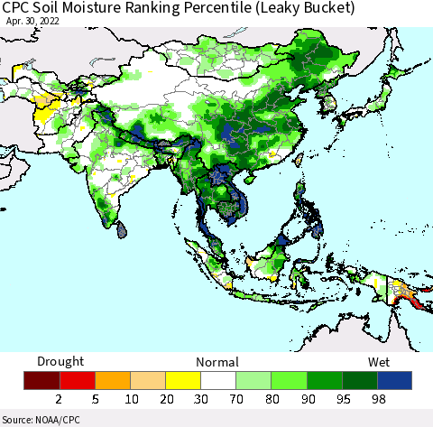 Asia CPC Soil Moisture Ranking Percentile (Leaky Bucket) Thematic Map For 4/26/2022 - 4/30/2022