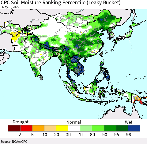Asia CPC Soil Moisture Ranking Percentile (Leaky Bucket) Thematic Map For 5/1/2022 - 5/5/2022