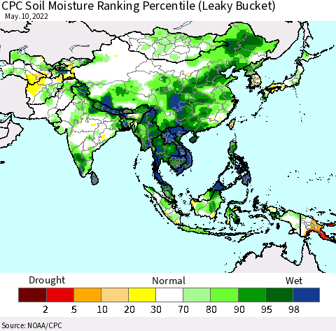 Asia CPC Soil Moisture Ranking Percentile (Leaky Bucket) Thematic Map For 5/6/2022 - 5/10/2022