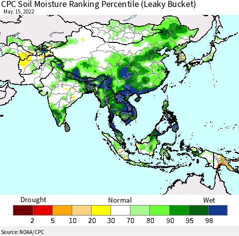 Asia CPC Soil Moisture Ranking Percentile (Leaky Bucket) Thematic Map For 5/11/2022 - 5/15/2022