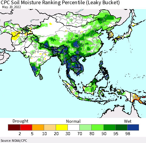 Asia CPC Soil Moisture Ranking Percentile (Leaky Bucket) Thematic Map For 5/16/2022 - 5/20/2022