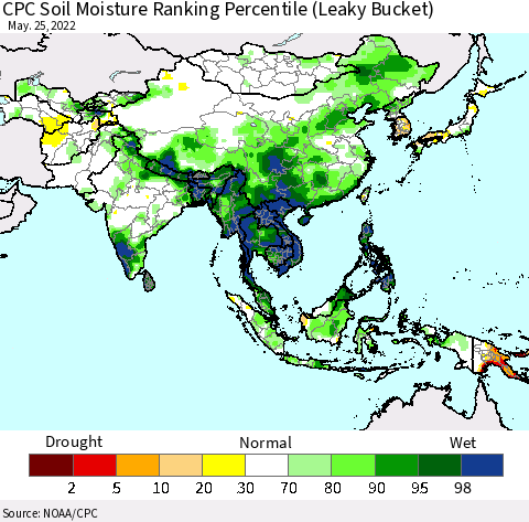 Asia CPC Soil Moisture Ranking Percentile (Leaky Bucket) Thematic Map For 5/21/2022 - 5/25/2022