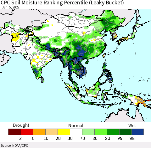 Asia CPC Soil Moisture Ranking Percentile (Leaky Bucket) Thematic Map For 6/1/2022 - 6/5/2022