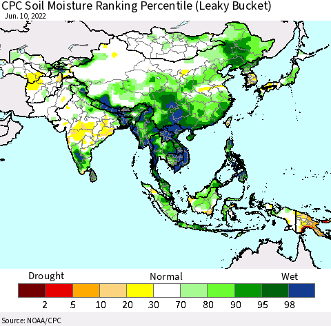 Asia CPC Soil Moisture Ranking Percentile (Leaky Bucket) Thematic Map For 6/6/2022 - 6/10/2022