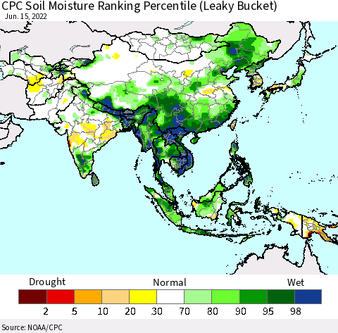 Asia CPC Soil Moisture Ranking Percentile (Leaky Bucket) Thematic Map For 6/11/2022 - 6/15/2022