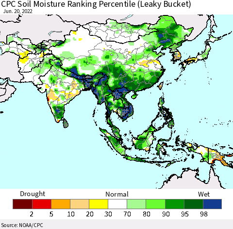 Asia CPC Soil Moisture Ranking Percentile (Leaky Bucket) Thematic Map For 6/16/2022 - 6/20/2022