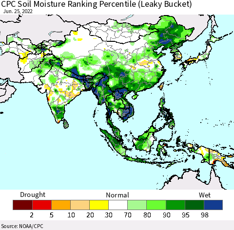 Asia CPC Soil Moisture Ranking Percentile (Leaky Bucket) Thematic Map For 6/21/2022 - 6/25/2022