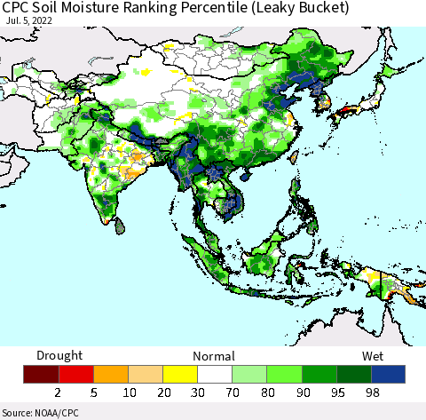 Asia CPC Soil Moisture Ranking Percentile (Leaky Bucket) Thematic Map For 7/1/2022 - 7/5/2022